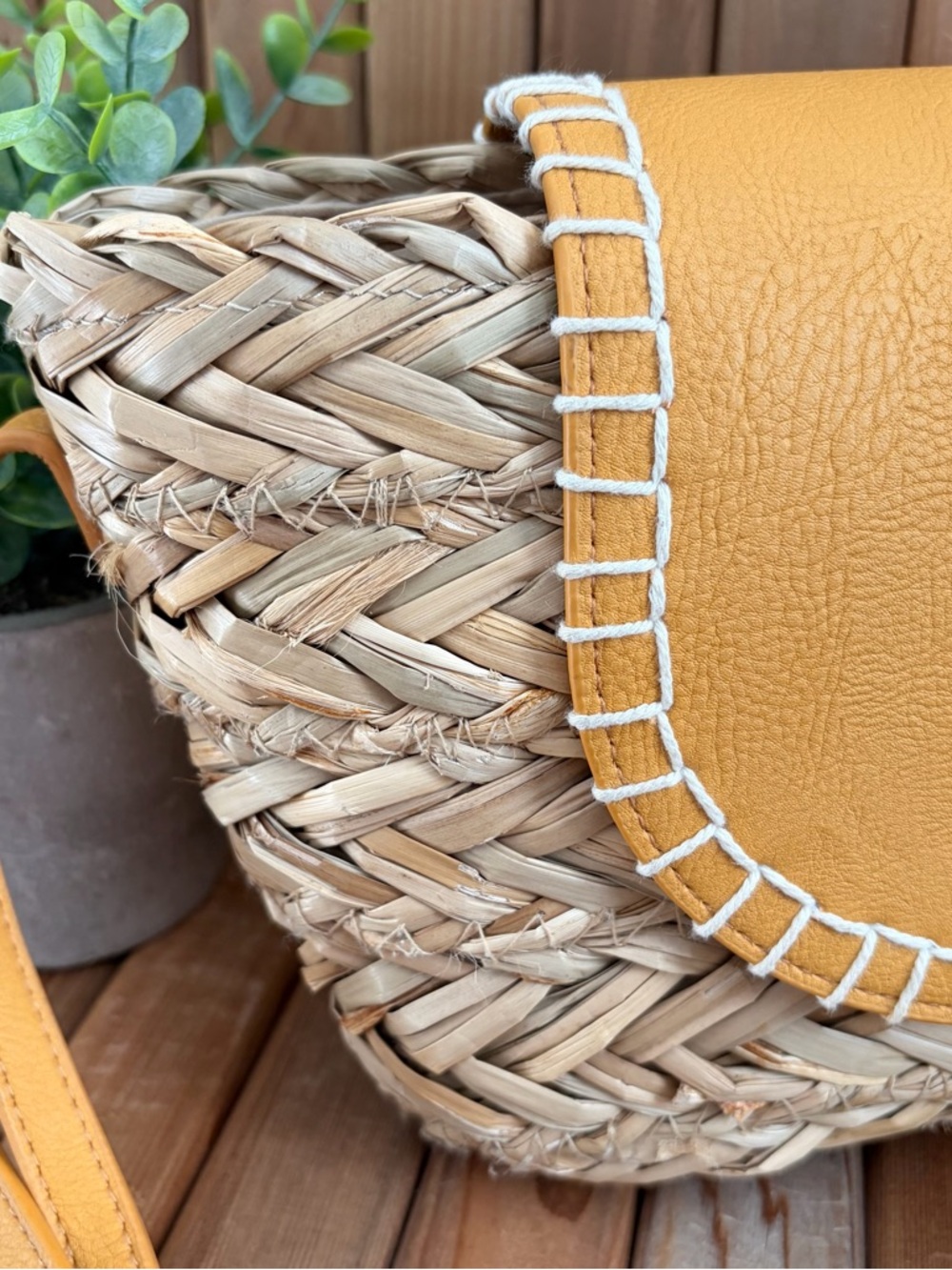 Woven Boho Crossbody Bag Vegan Leather Flap in Bright Yellow - Picture 8 of 8